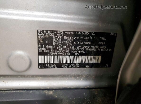 2T3DWRFV7KW018226 2019 TOYOTA RAV4 Серебряный Вид наклейки с VIN-кодом