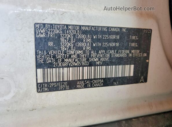2T3E6RFV2RW051603 2024 TOYOTA RAV4 White Widok wnętrza 360 stopni