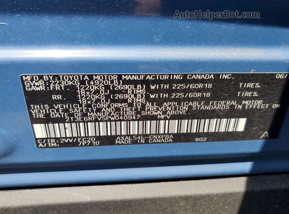 2T3E6RFV5PW040947 2023 TOYOTA RAV4 Blue Widok naklejki z numerem VIN