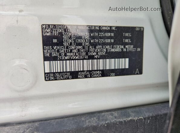 2T3EWRFV0KW036748 2019 TOYOTA RAV4 White VIN sticker view