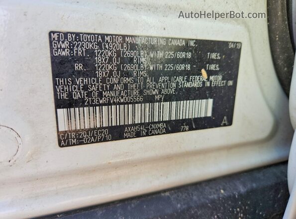 2T3EWRFV4KW005566 2019 TOYOTA RAV4 Белый Панорамный вид салона 360°