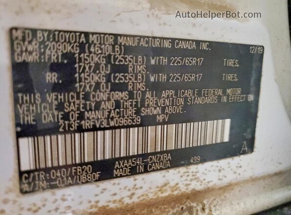 2T3F1RFV3LW096639 2020 TOYOTA RAV4 White Widok naklejki z numerem VIN