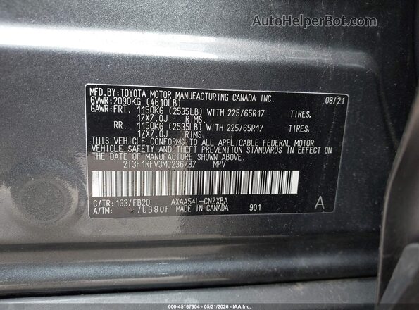2T3F1RFV3MC236787 2021 TOYOTA RAV4 Gray Vista del compartimento del motor