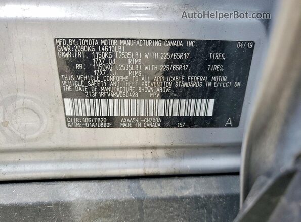 2T3F1RFV4KW050428 2019 TOYOTA RAV4 Silver Vista de la etiqueta del VIN