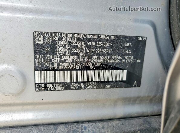2T3F1RFV4KW081811 2019 TOYOTA RAV4 Серебряный Панорамный вид салона 360°