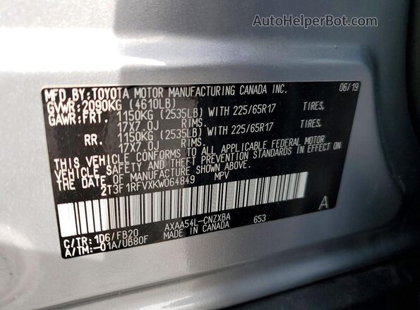 2T3F1RFVXKW064849 2019 TOYOTA RAV4 Серебряный Вид подкапотного пространства