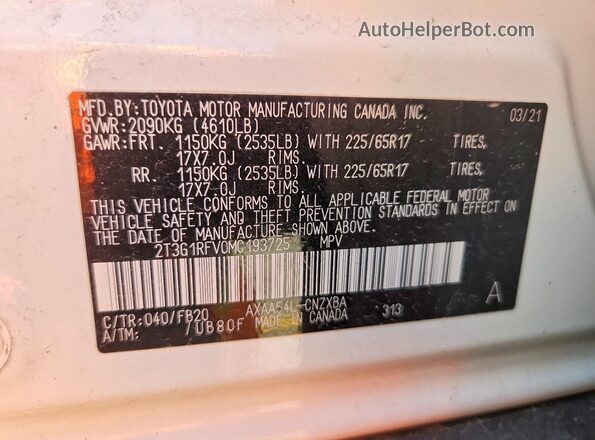2T3G1RFV0MC193725 2021 TOYOTA RAV4 White Widok naklejki z numerem VIN