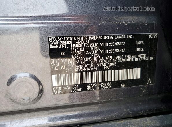 2T3G1RFVXMW140464 2021 TOYOTA RAV4 Gray Вид наклейки з VIN-кодом