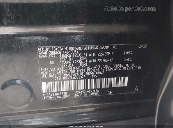 2T3H1RFV1LW082375 2020 TOYOTA LE Black Widok komory silnika