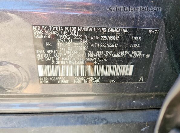2T3H1RFV1MW150661 2021 TOYOTA RAV4 Серый Вид наклейки с VIN-кодом