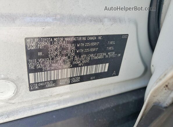 2T3H1RFV2NC186054 2022 TOYOTA RAV4 Белый Вид наклейки с VIN-кодом