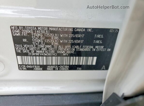 2T3H1RFV4SW380143 2025 TOYOTA RAV4 White Вид наклейки з VIN-кодом