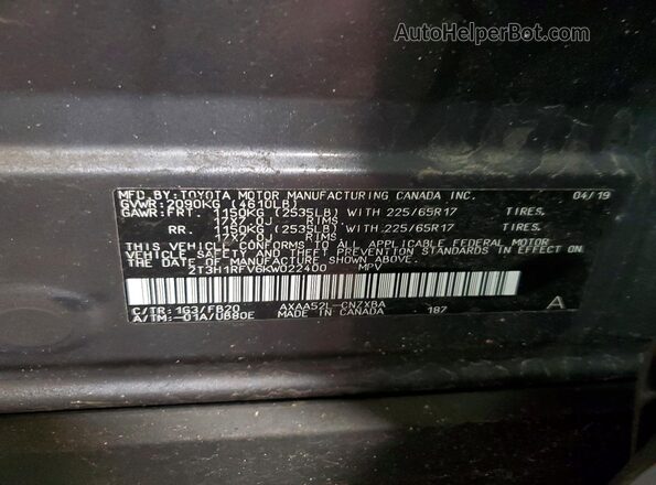 2T3H1RFV6KW022400 2019 TOYOTA RAV4 Серый Вид наклейки с VIN-кодом