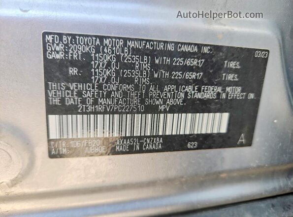 2T3H1RFV7PC227510 2023 TOYOTA LE Silver Вид наклейки з VIN-кодом