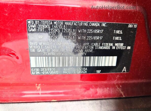 2T3H1RFV8KW047900 2019 TOYOTA RAV4 Red Вид підкапотного простору