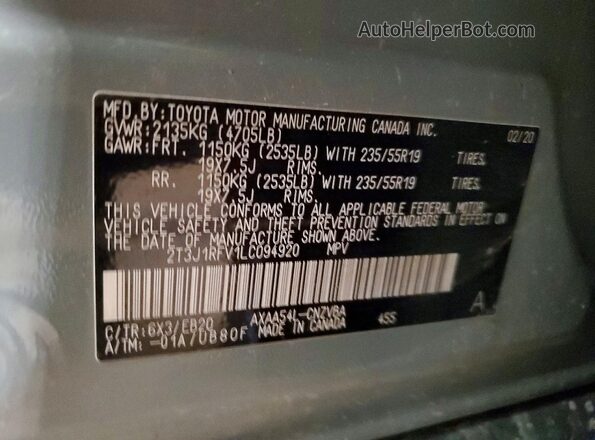 2T3J1RFV1LC094920 2020 TOYOTA RAV4 Серый Вид наклейки с VIN-кодом