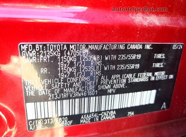 2T3J1RFV3RW461601 2024 TOYOTA RAV4 Бордовый Вид наклейки с VIN-кодом