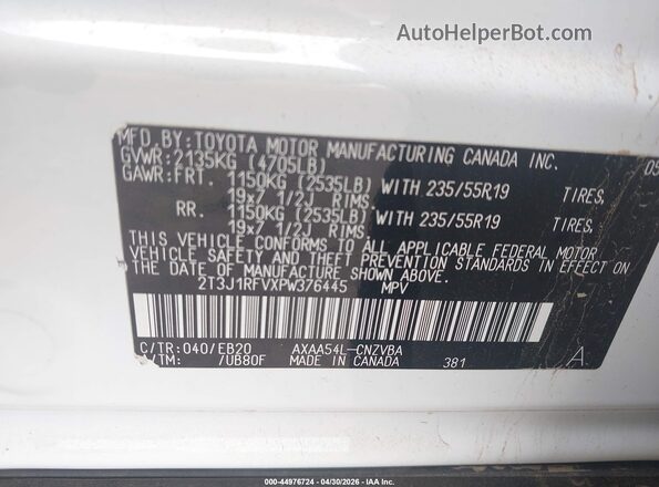 2T3J1RFVXPW376445 2023 TOYOTA RAV4 White Vista del compartimento del motor