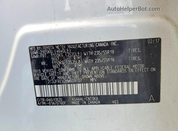 2T3JFREV2HW609707 2017 TOYOTA RAV4 White Widok naklejki z numerem VIN