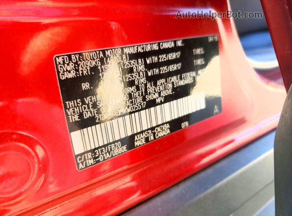 2T3K1RFV1KW025517 2019 TOYOTA RAV4 Красный Вид наклейки с VIN-кодом