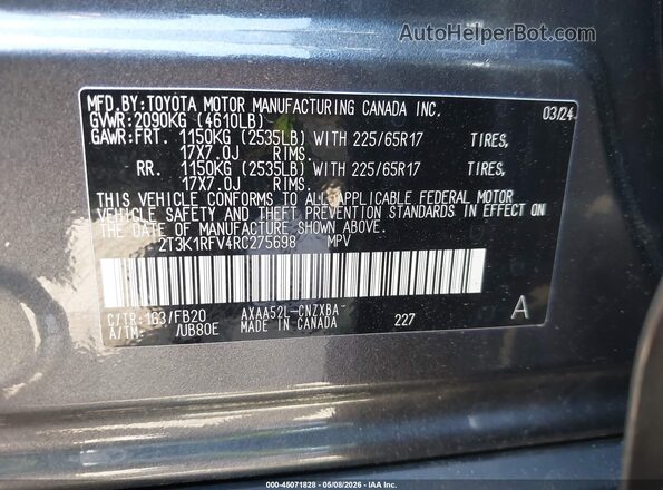2T3K1RFV4RC275698 2024 TOYOTA LE Серый Вид подкапотного пространства