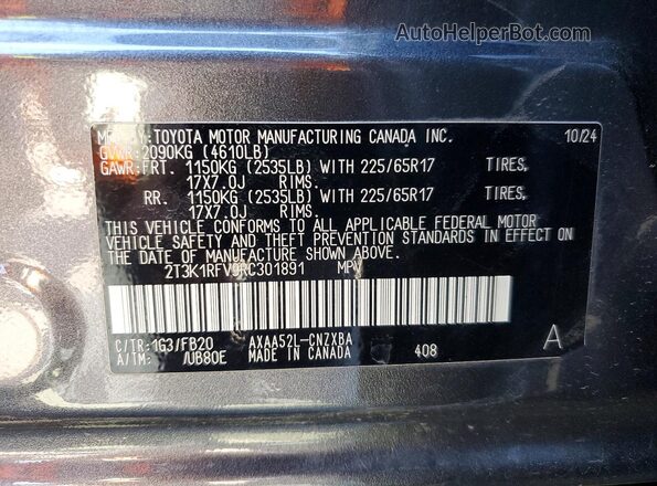 2T3K1RFV9RC301891 2024 TOYOTA LE Серый Вид подкапотного пространства