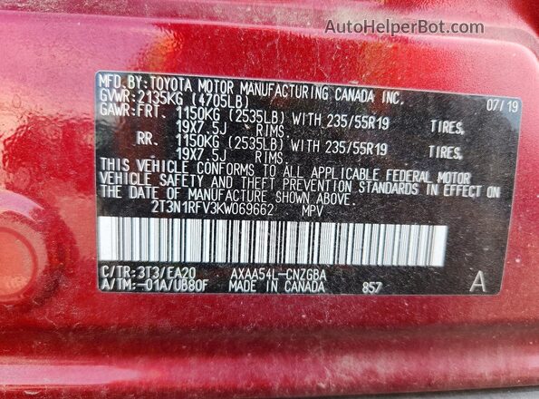 2T3N1RFV3KW069662 2019 TOYOTA RAV4 Red Widok naklejki z numerem VIN
