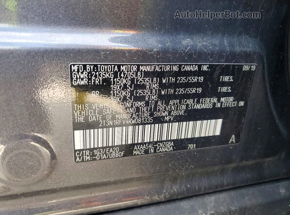 2T3N1RFV4KW081335 2019 TOYOTA RAV4 Charcoal Панорамний вид салону 360°