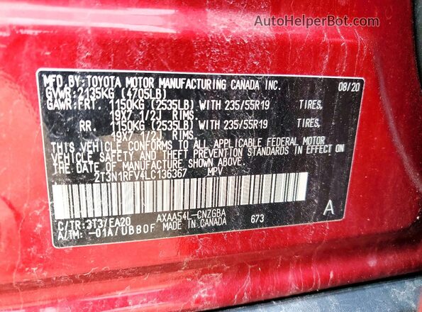 2T3N1RFV4LC136367 2020 TOYOTA RAV4 Red VIN sticker view