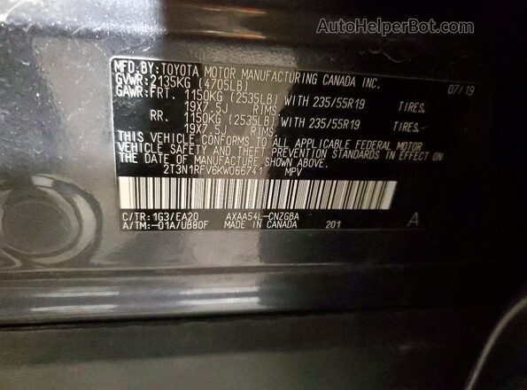 2T3N1RFV6KW066741 2019 TOYOTA RAV4 Черный Вид наклейки с VIN-кодом