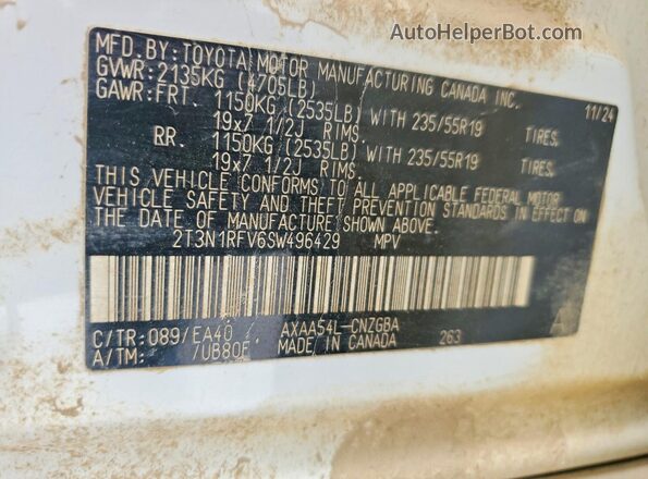2T3N1RFV6SW496429 2025 TOYOTA LIMITED White VIN sticker view