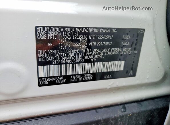 2T3P1RFV0SC548552 2025 TOYOTA RAV4 White Vista de la etiqueta del VIN