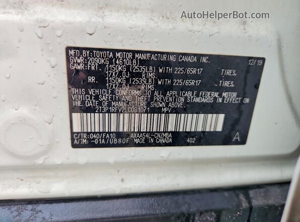 2T3P1RFV2LC081071 2020 TOYOTA RAV4 White Вид підкапотного простору