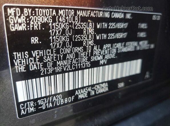 2T3P1RFV2LC111315 2020 TOYOTA RAV4 Gray VIN sticker view