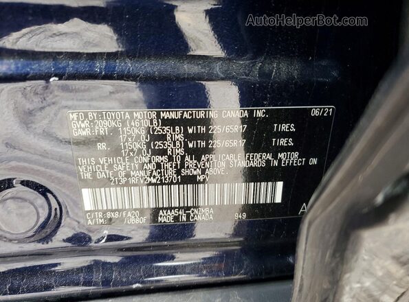 2T3P1RFV2MW213701 2021 TOYOTA RAV4 Blue Вид наклейки з VIN-кодом