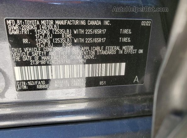 2T3P1RFV2NC269740 2022 TOYOTA LE Серый Вид наклейки с VIN-кодом