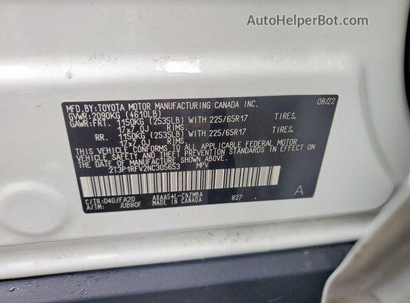 2T3P1RFV2NC305653 2022 TOYOTA RAV4 White Widok naklejki z numerem VIN
