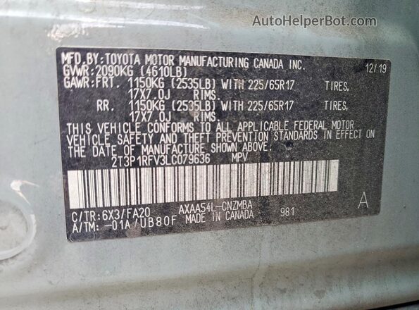 2T3P1RFV3LC079636 2020 TOYOTA RAV4 Серебряный Панорамный вид салона 360°