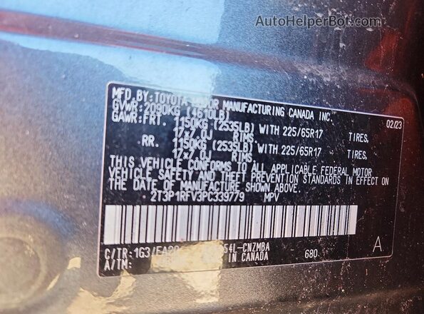 2T3P1RFV3PC339779 2023 TOYOTA LE Gray Вид наклейки з VIN-кодом