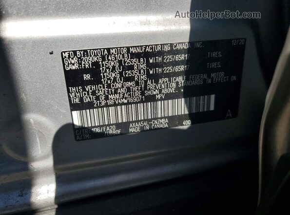 2T3P1RFV4MW169071 2021 TOYOTA RAV4 Silver Widok naklejki z numerem VIN