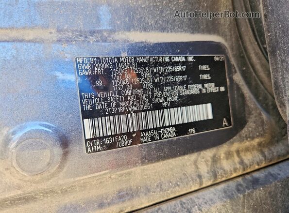 2T3P1RFV4MW200951 2021 TOYOTA RAV4 Silver VIN sticker view
