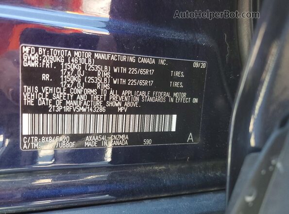 2T3P1RFV5MW143286 2021 TOYOTA RAV4 Blue Vista de la etiqueta del VIN