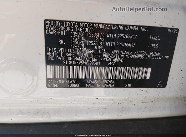 2T3P1RFV5MW199681 2021 TOYOTA LE Белый Вид подкапотного пространства