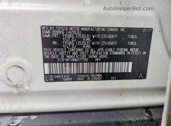 2T3P1RFV6MW177592 2021 TOYOTA RAV4 White VIN sticker view