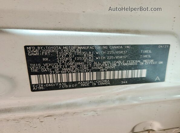 2T3P1RFV7MC210472 2021 TOYOTA RAV4 White Widok naklejki z numerem VIN