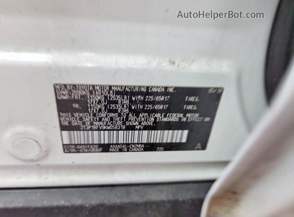 2T3P1RFV9KW058318 2019 TOYOTA RAV4 White Vista de la etiqueta del VIN