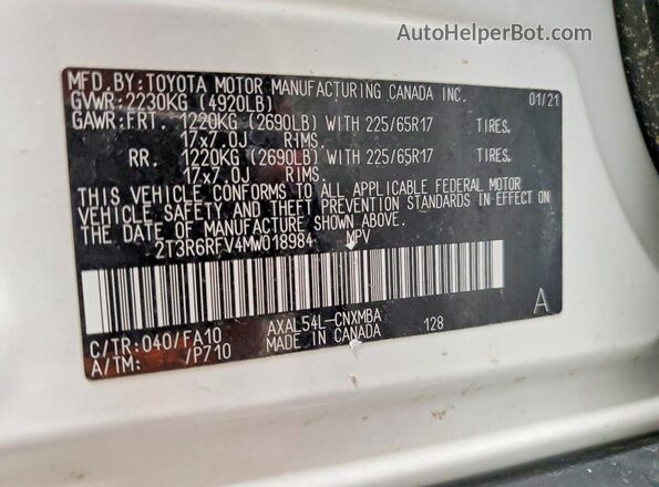 2T3R6RFV4MW018984 2021 TOYOTA RAV4 White Widok wnętrza 360 stopni