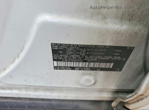 2T3RFREV0GW480593 2016 TOYOTA RAV4 White VIN կոդի պիտակի տեսք