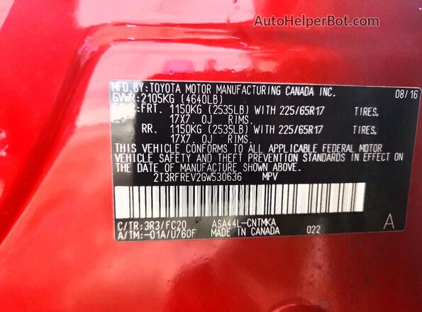 2T3RFREV2GW530636 2016 TOYOTA RAV4 Red VIN կոդի պիտակի տեսք