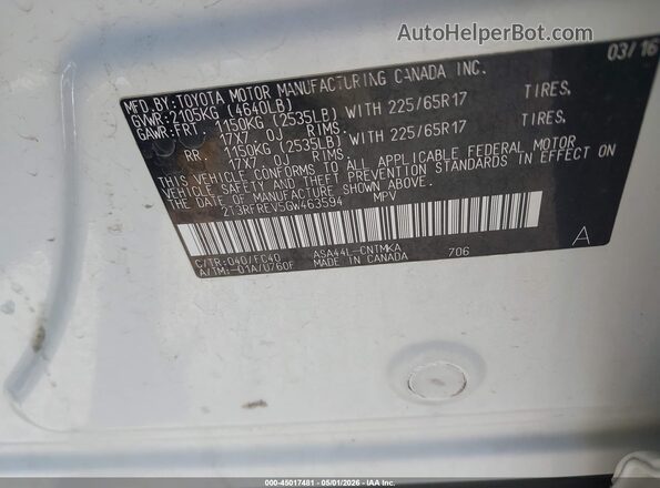 2T3RFREV5GW463594 2016 TOYOTA LE White Вид підкапотного простору